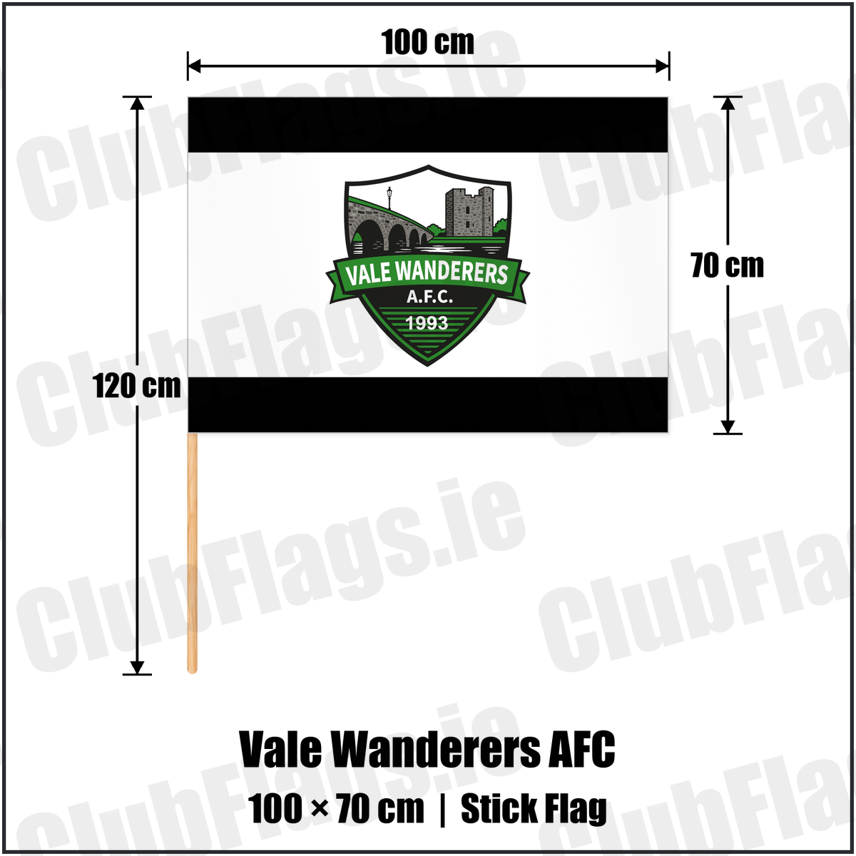 Vale Wanderers AFC 70cm x 100cm Stick Flag with the club crest and colours, Carlow football - ClubFlags.ie