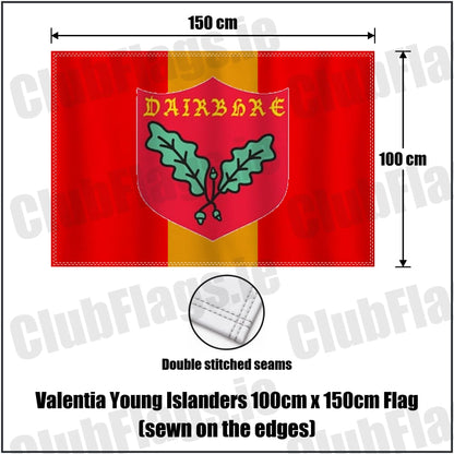 Valentia Young Islanders 100cm x 150cm Flag (sewn on the edges) in red and gold, featuring the club crest on realistic fabric with gentle vertical folds; County Kerry GAA. ClubFlags.ie.