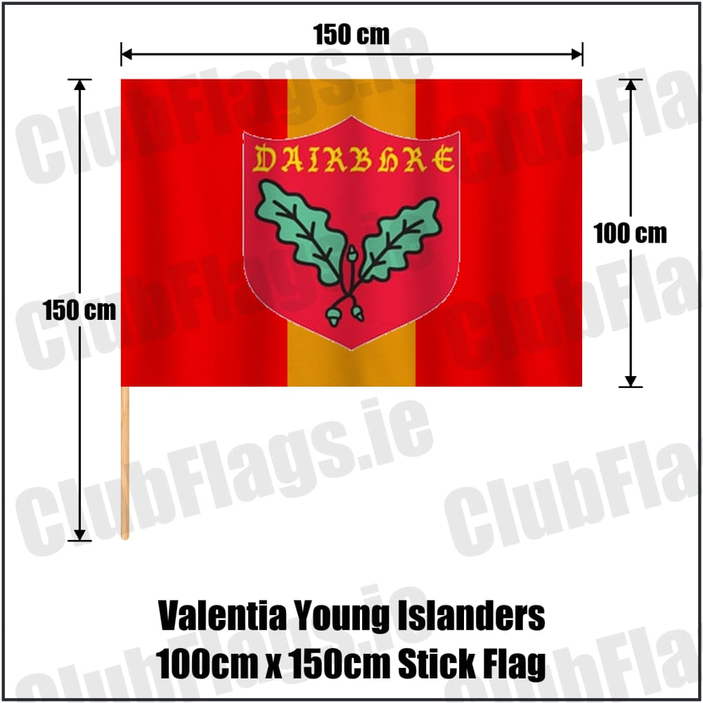 Valentia Young Islanders 100cm x 150cm Stick Flag in red and gold, featuring the club crest on realistic fabric with gentle vertical folds; County Kerry GAA. ClubFlags.ie.