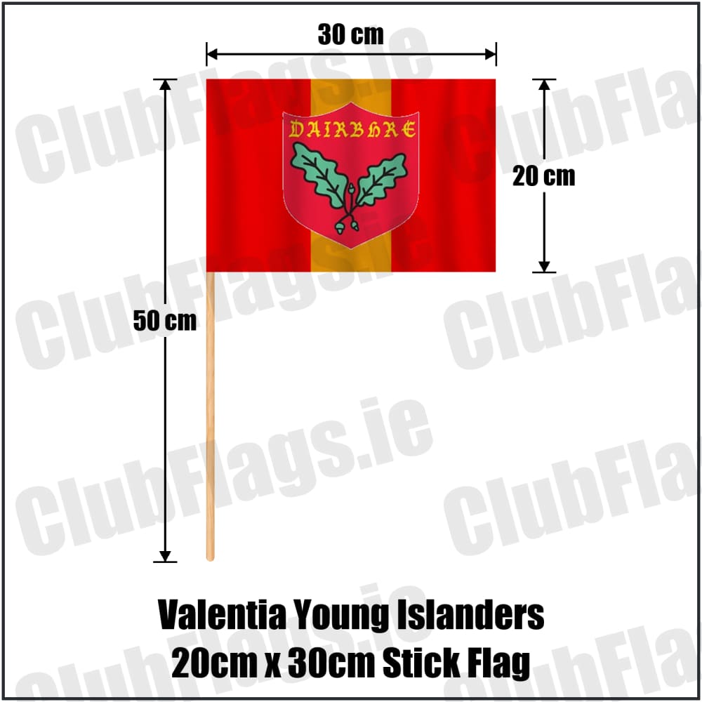 Valentia Young Islanders 20cm x 30cm Stick Flag in red and gold, featuring the club crest on realistic fabric with gentle vertical folds; County Kerry GAA. ClubFlags.ie.