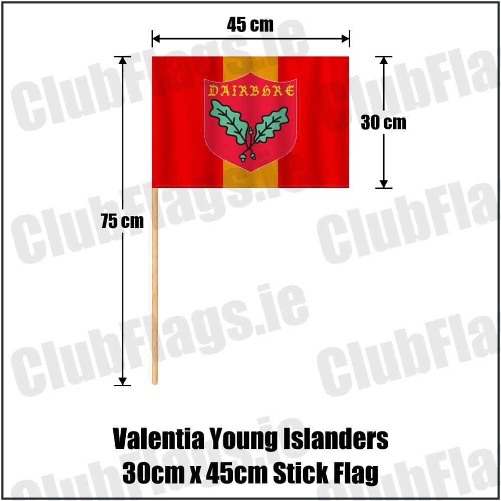 Valentia Young Islanders 30cm x 45cm Stick Flag in red and gold, featuring the club crest on realistic fabric with gentle vertical folds; County Kerry GAA. ClubFlags.ie.