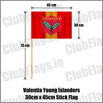 Valentia Young Islanders 30cm x 45cm Stick Flag in red and gold, featuring the club crest on realistic fabric with gentle vertical folds; County Kerry GAA. ClubFlags.ie.