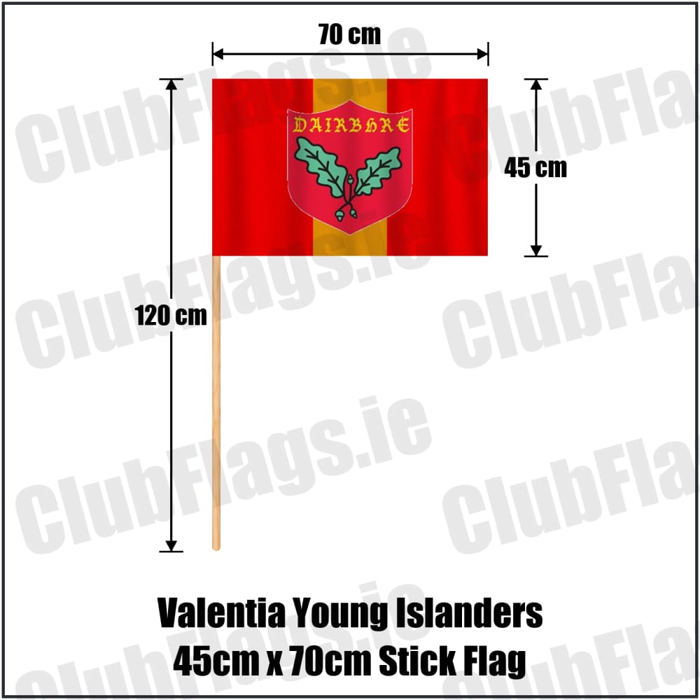 Valentia Young Islanders 45cm x 70cm Stick Flag in red and gold, featuring the club crest on realistic fabric with gentle vertical folds; County Kerry GAA. ClubFlags.ie.