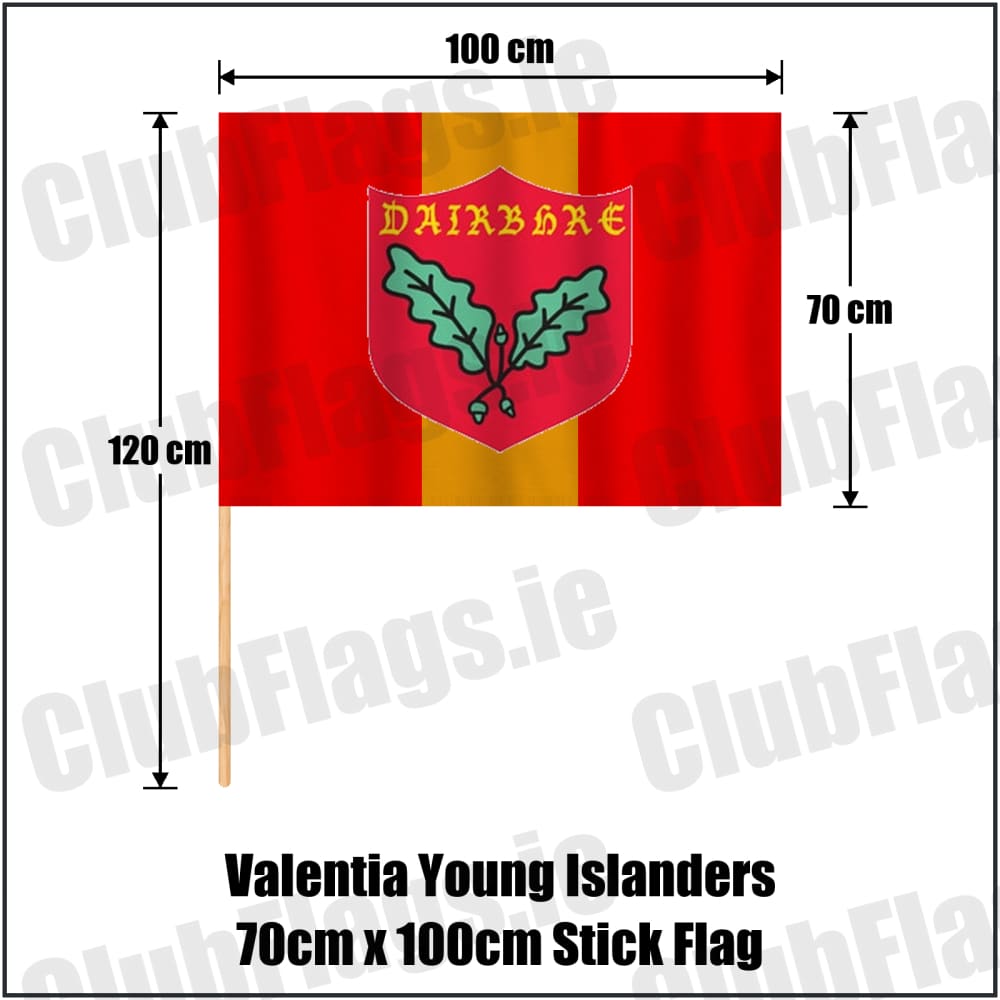 Valentia Young Islanders 70cm x 100cm Stick Flag in red and gold, featuring the club crest on realistic fabric with gentle vertical folds; County Kerry GAA. ClubFlags.ie.