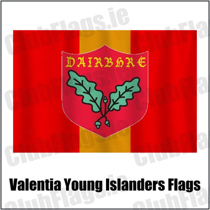 Valentia Young Islanders Flags in red and gold, featuring the club crest on realistic fabric with gentle vertical folds; County Kerry GAA. ClubFlags.ie.