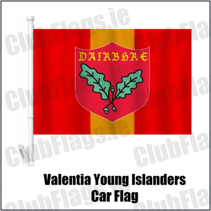 Valentia Young Islanders Car Flag in red and gold, featuring the club crest on realistic fabric with gentle vertical folds; County Kerry GAA. ClubFlags.ie.