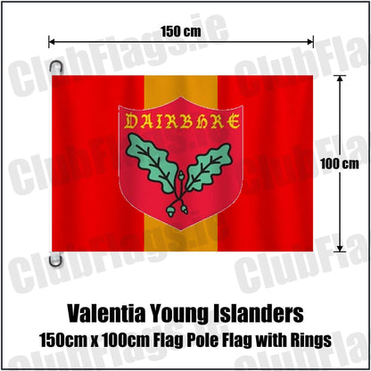 Valentia Young Islanders 150cm x 100cm Flag Pole Flag with Rings in red and gold, featuring the club crest on realistic fabric with gentle vertical folds; County Kerry GAA. ClubFlags.ie.