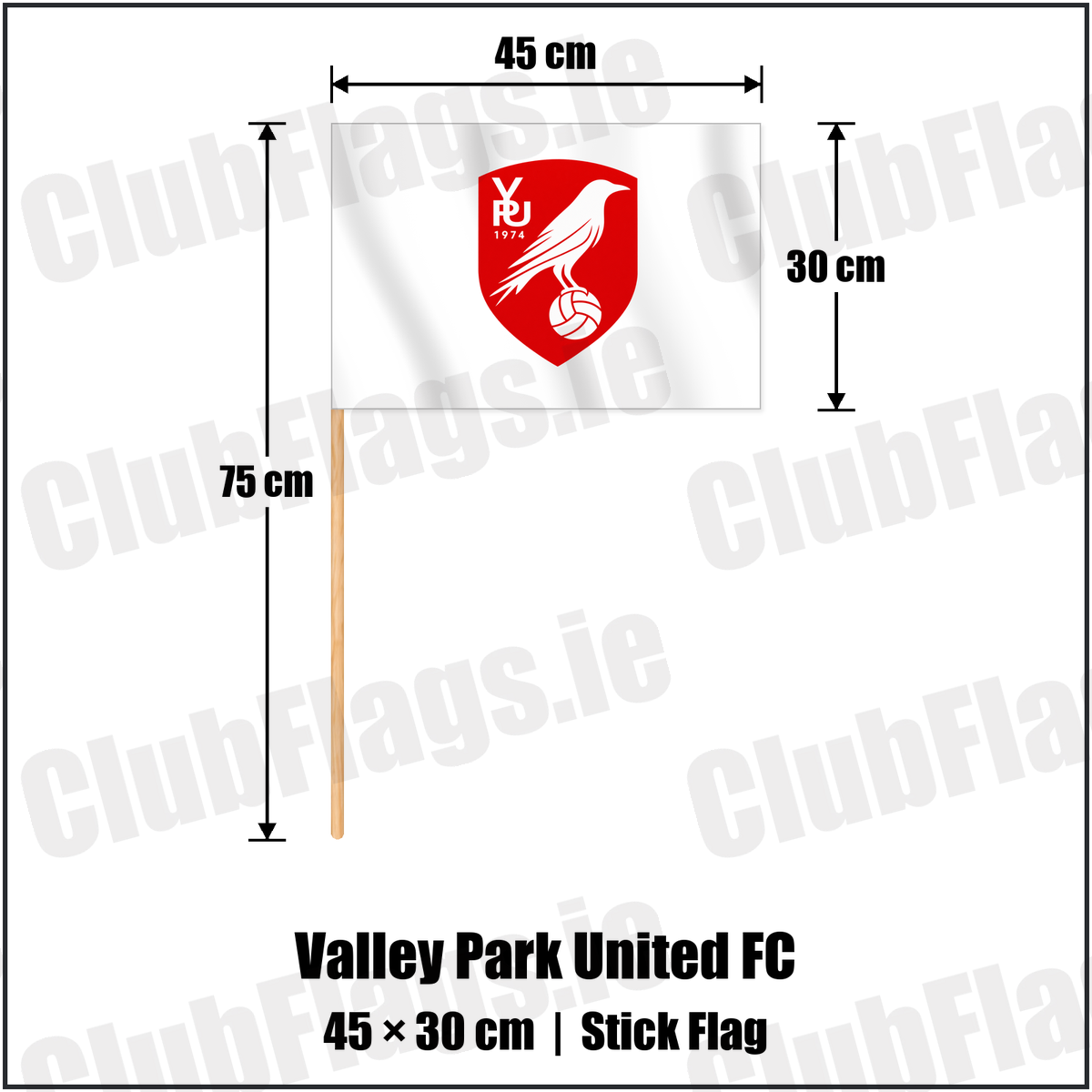 Valley Park United FC 30cm x 45cm Stick Flag with the club crest and colours, Dublin Football - ClubFlags.ie