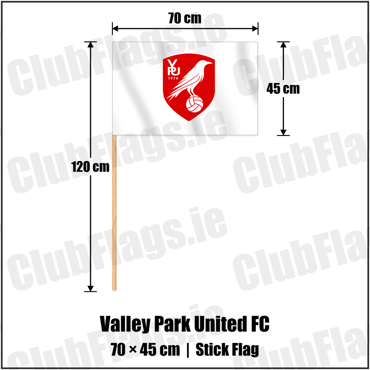 Valley Park United FC 45cm x 70cm Stick Flag with the club crest and colours, Dublin Football - ClubFlags.ie
