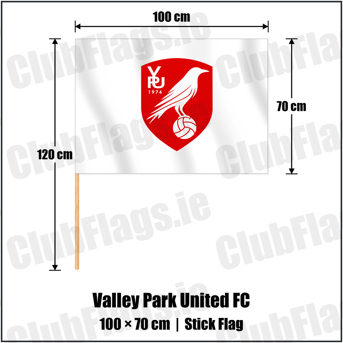 Valley Park United FC 70cm x 100cm Stick Flag with the club crest and colours, Dublin Football - ClubFlags.ie