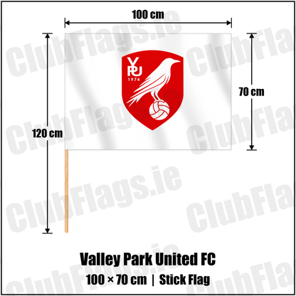 Valley Park United FC 70cm x 100cm Stick Flag with the club crest and colours, Dublin Football - ClubFlags.ie