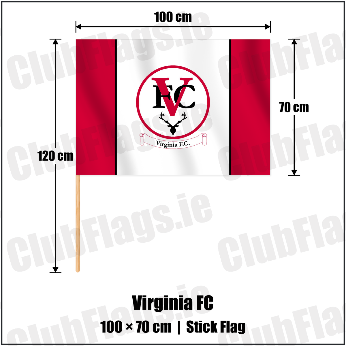 Virginia FC 70cm x 100cm Stick Flag with the club crest and colours, Cavan Football - ClubFlags.ie