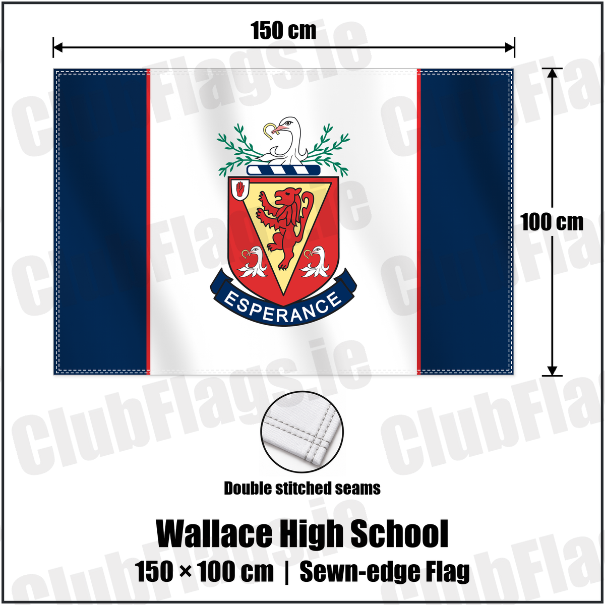 Wallace High School 100cm x 150cm Flag (sewn on the edges) with the club crest and colours, Antrim Rugby - ClubFlags.ie