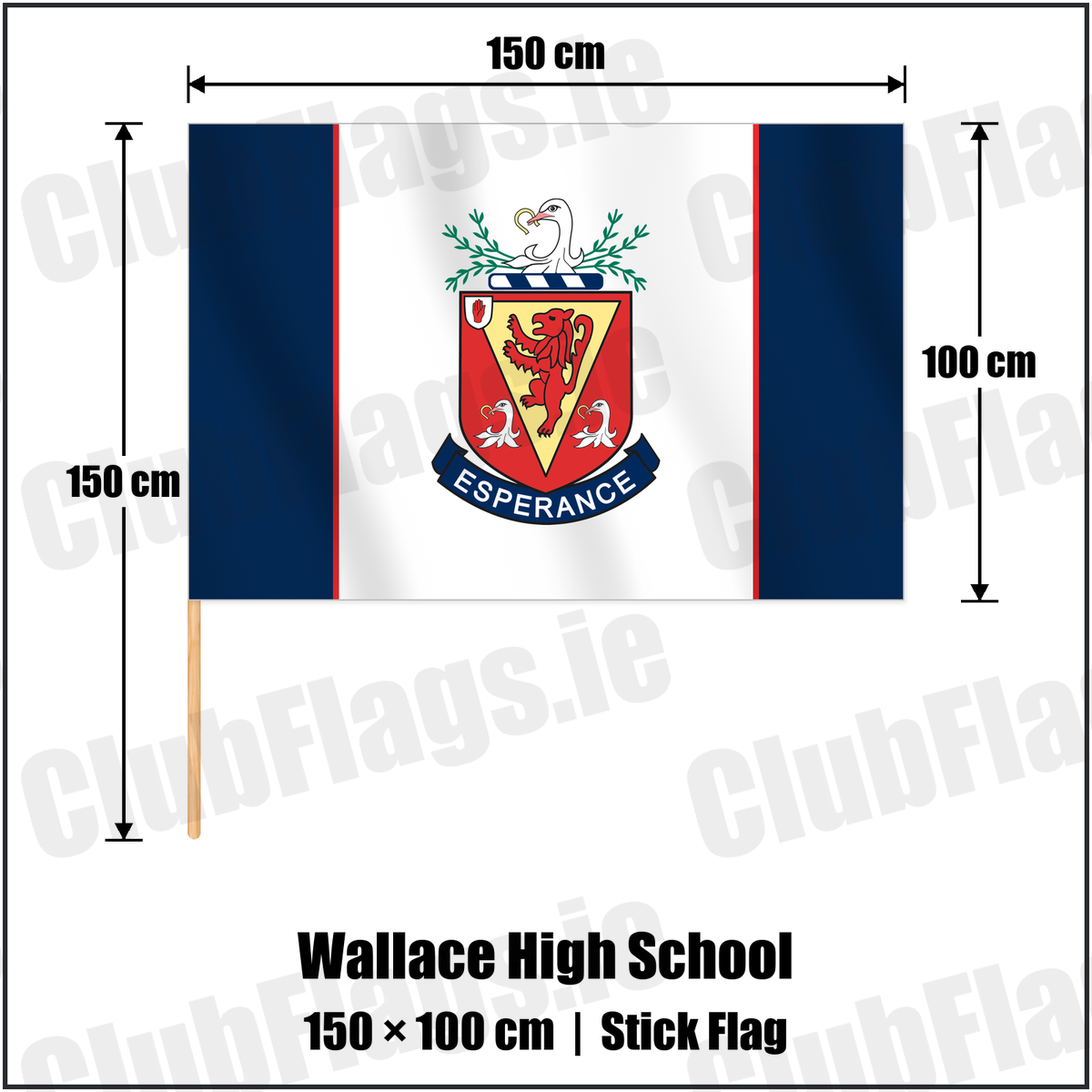 Wallace High School 100cm x 150cm Stick Flag with the club crest and colours, Antrim Rugby - ClubFlags.ie