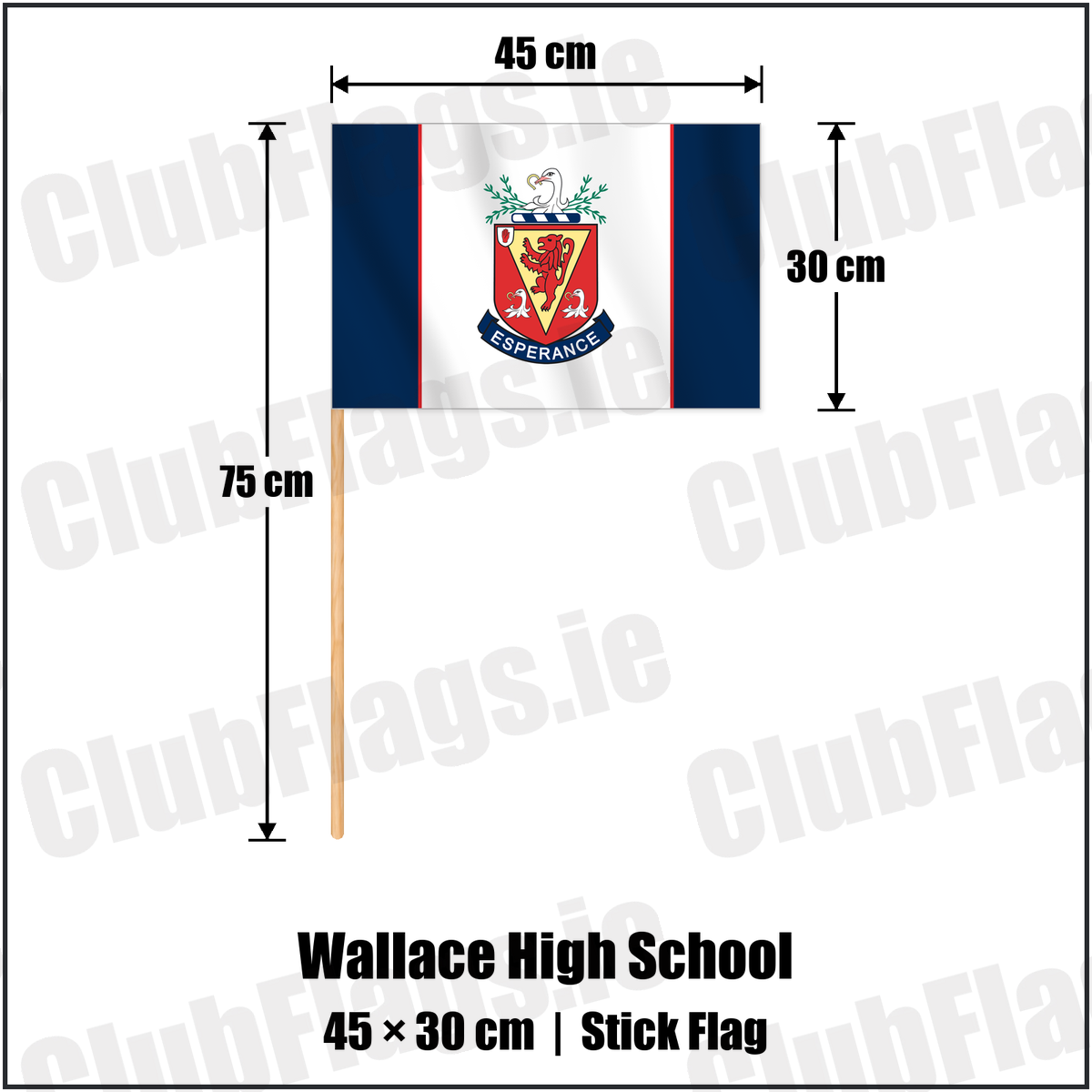 Wallace High School 30cm x 45cm Stick Flag with the club crest and colours, Antrim Rugby - ClubFlags.ie