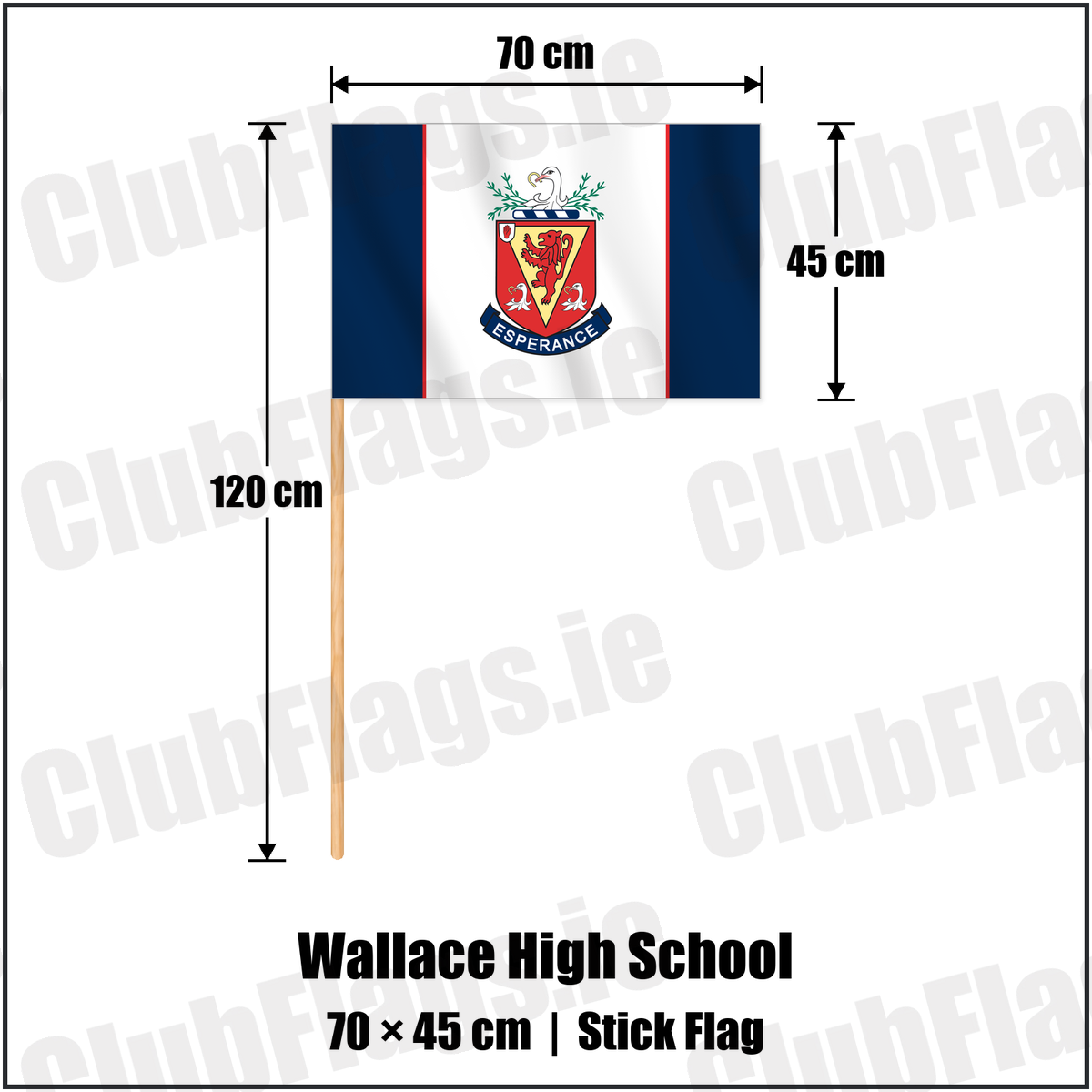 Wallace High School 45cm x 70cm Stick Flag with the club crest and colours, Antrim Rugby - ClubFlags.ie