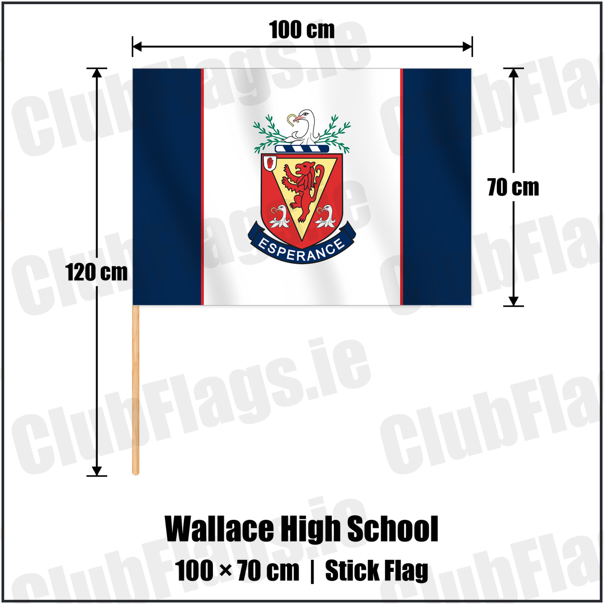 Wallace High School 70cm x 100cm Stick Flag with the club crest and colours, Antrim Rugby - ClubFlags.ie