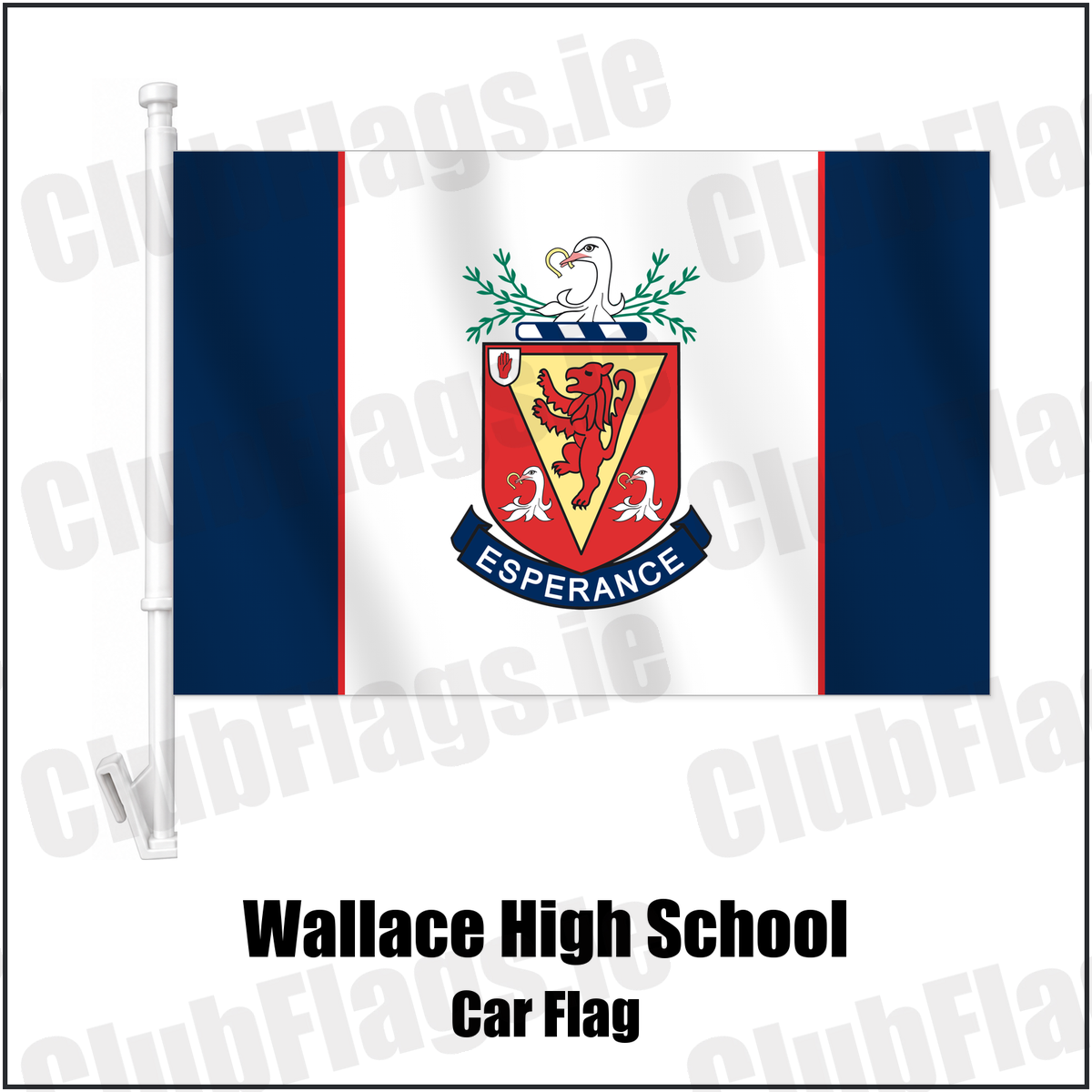 Wallace High School Car Flag with the club crest and colours, Antrim Rugby - ClubFlags.ie