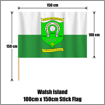 Walsh Island 100cm x 150cm Stick Flag, featuring the club crest and green and white colours; County Offaly GAA. ClubFlags.ie.