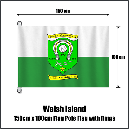 Walsh Island 150cm x 100cm Flag Pole Flag with Rings, featuring the club crest and green and white colours; County Offaly GAA. ClubFlags.ie.