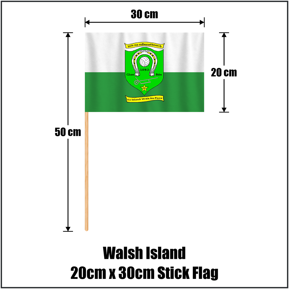 Walsh Island 20cm x 30cm Stick Flag, featuring the club crest and green and white colours; County Offaly GAA. ClubFlags.ie.