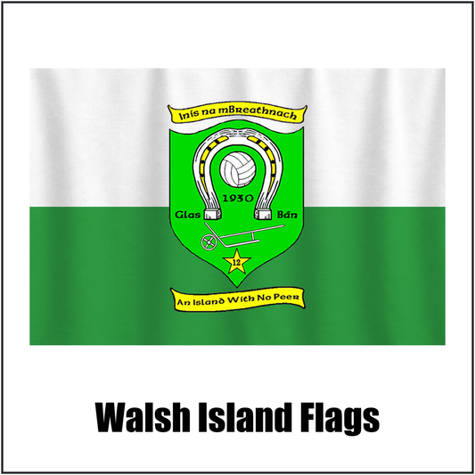 Walsh Island Flags, featuring the club crest and green and white colours; County Offaly GAA. ClubFlags.ie.