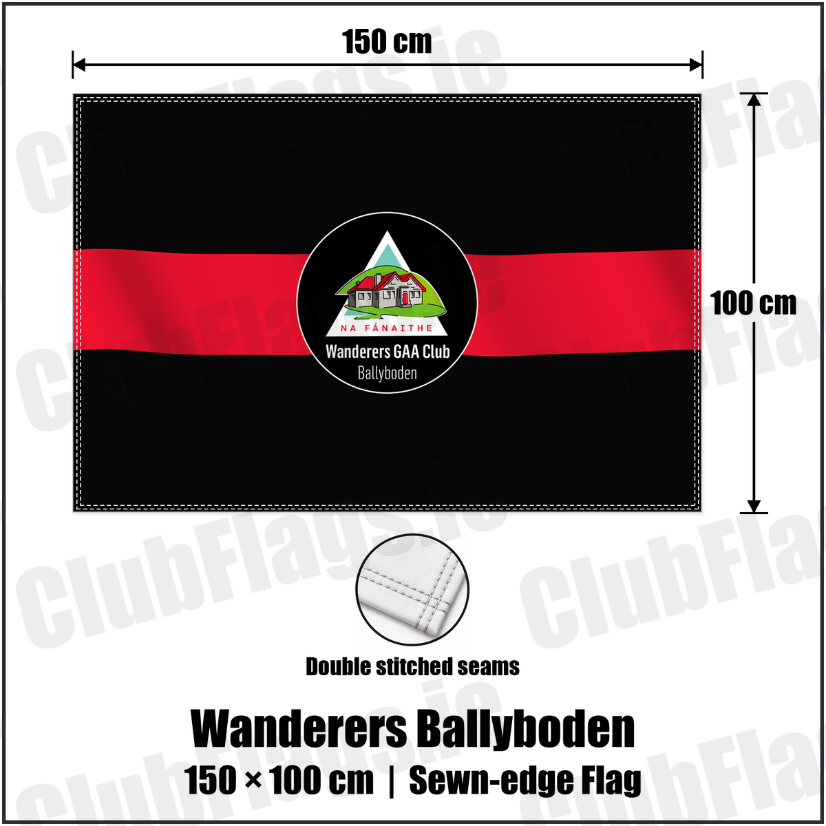 Wanderers Ballyboden 100cm x 150cm Flag (sewn on the edges) with the club crest and colours, Dublin GAA - ClubFlags.ie