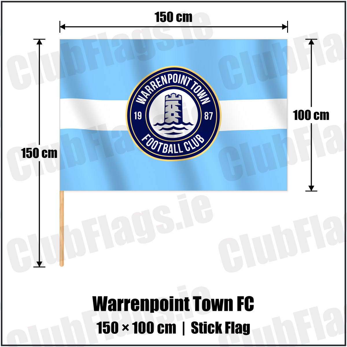 Warrenpoint Town FC 100cm x 150cm Stick Flag with the verified club crest and colours, Down Football - ClubFlags.ie