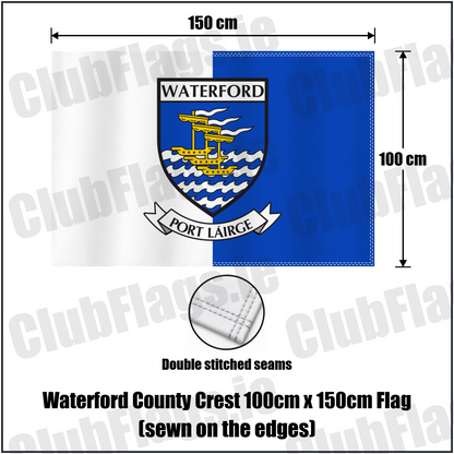 Waterford county crest 100 × 150 cm sewn-edge flag in white and blue, with dimension arrows and a double-stitch seam close-up.