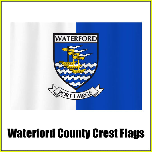 Waterford county crest flag in white and blue, with county name and crest.
