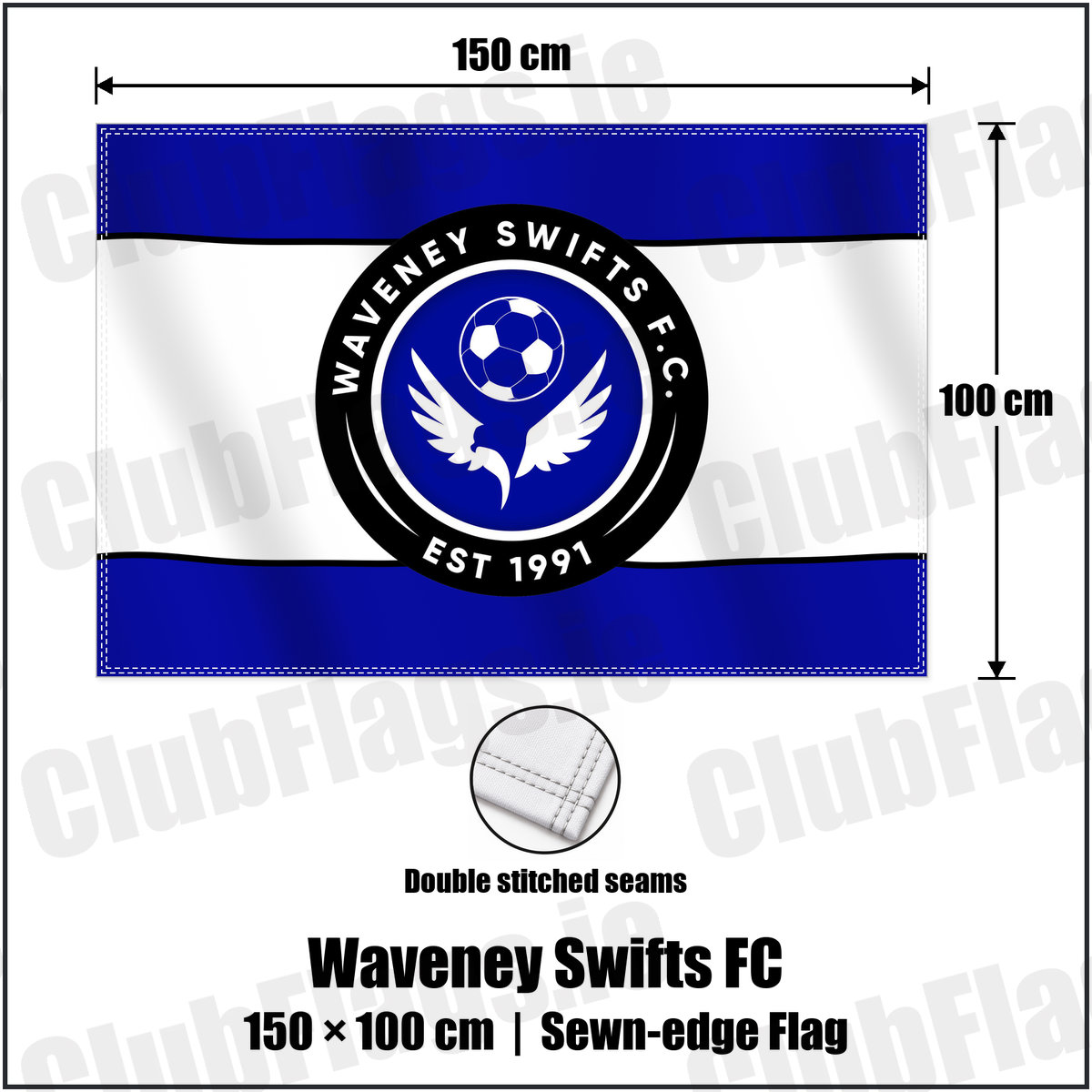 Waveney Swifts FC 100cm x 150cm Flag (sewn on the edges) with the club crest and colours, Antrim Football - ClubFlags.ie