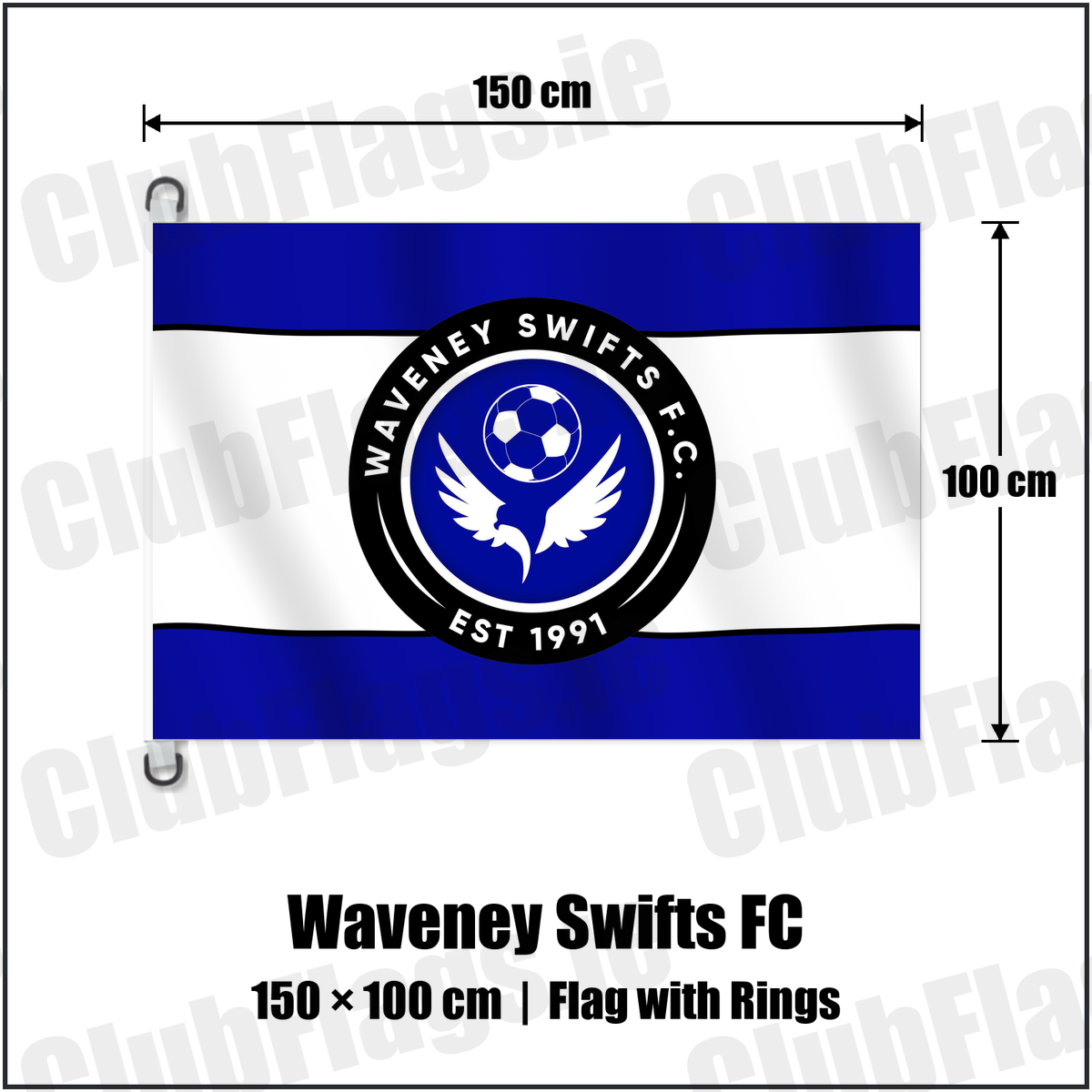 Waveney Swifts FC 150cm x 100cm Flag Pole Flag with Rings with the club crest and colours, Antrim Football - ClubFlags.ie