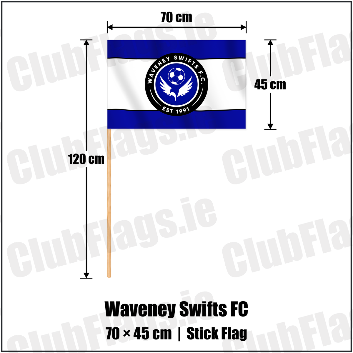 Waveney Swifts FC 45cm x 70cm Stick Flag with the club crest and colours, Antrim Football - ClubFlags.ie