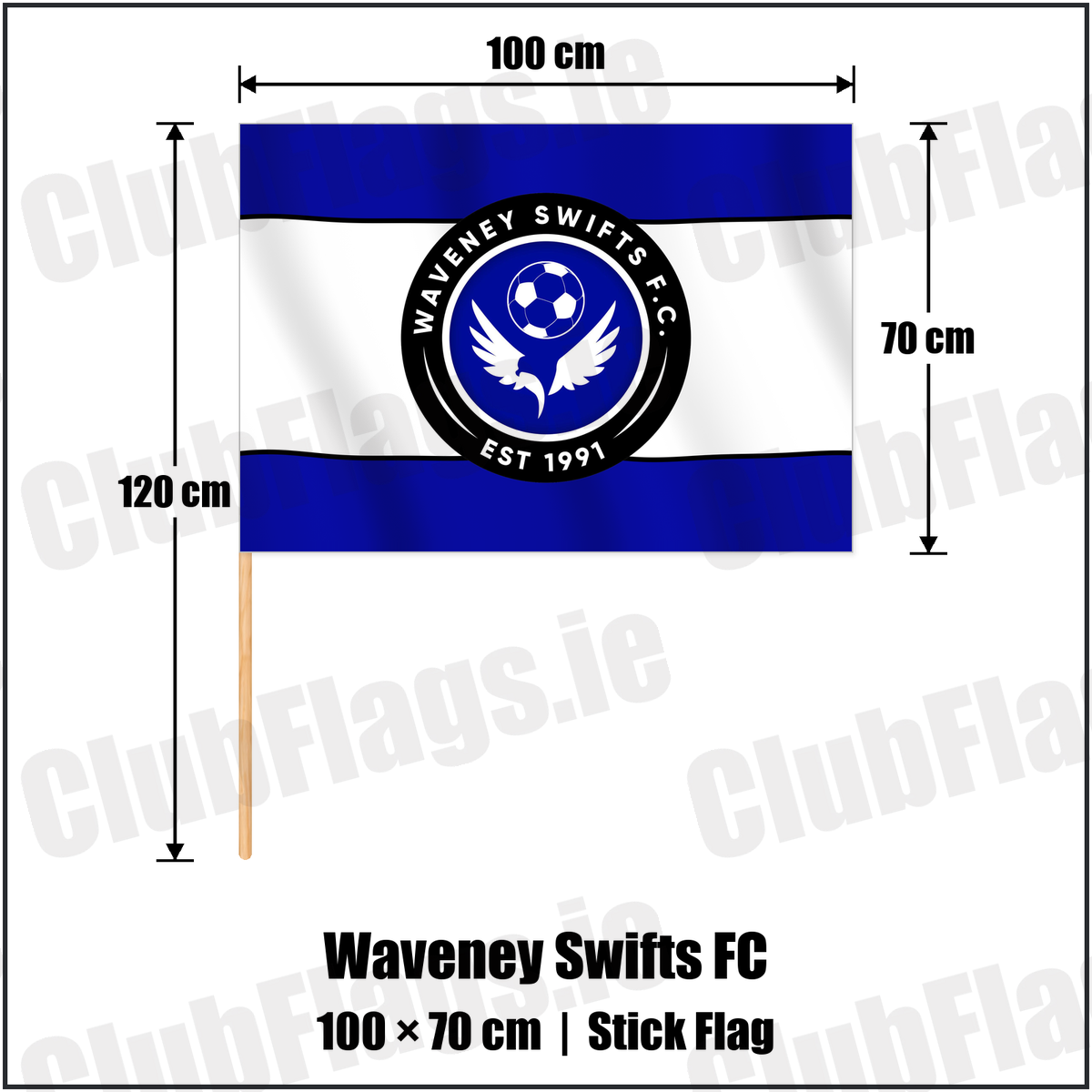Waveney Swifts FC 70cm x 100cm Stick Flag with the club crest and colours, Antrim Football - ClubFlags.ie