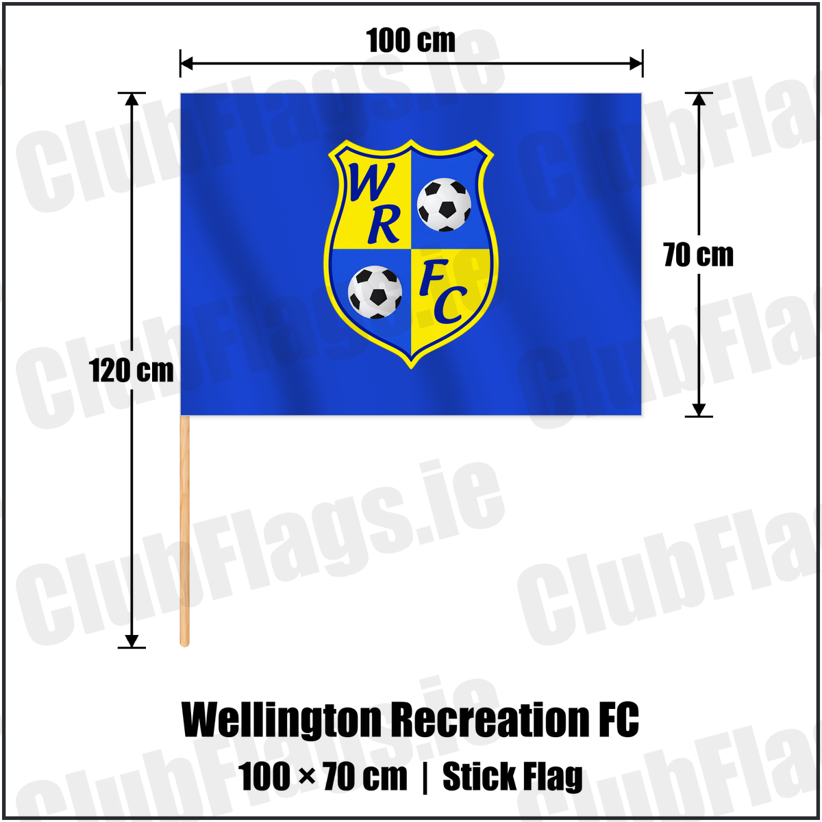 Wellington Recreation FC 70cm x 100cm Stick Flag with the club crest and colours, Antrim Football - ClubFlags.ie