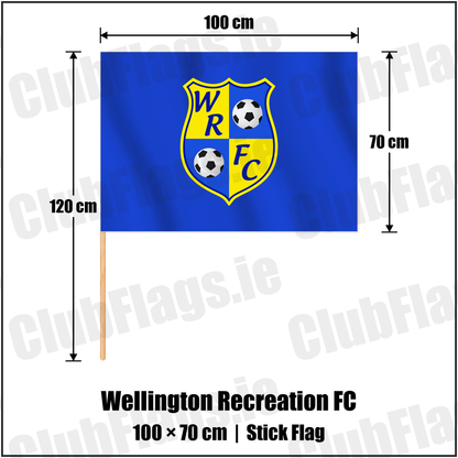 Wellington Recreation FC 70cm x 100cm Stick Flag with the club crest and colours, Antrim Football - ClubFlags.ie