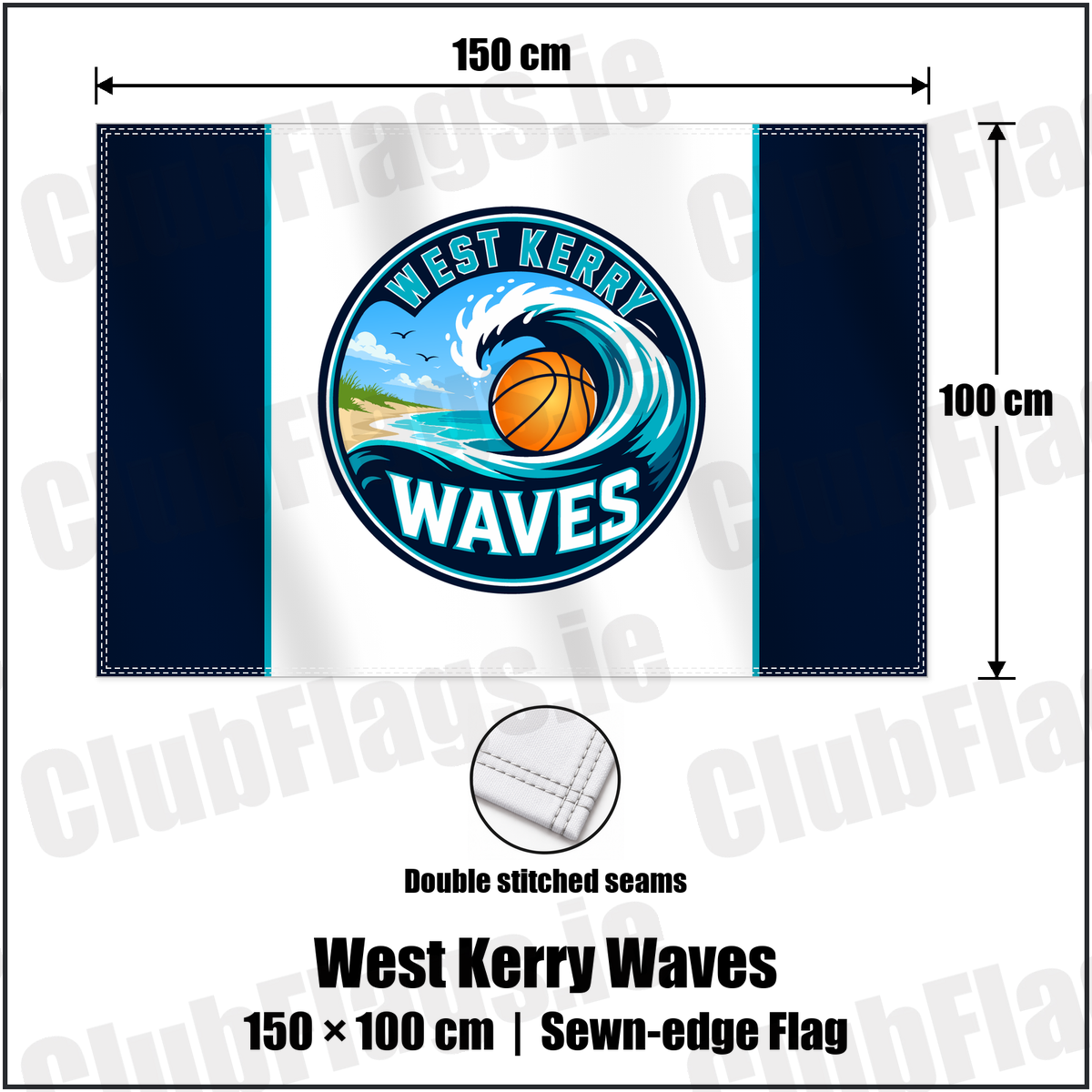 West Kerry Waves 100cm x 150cm Flag (sewn on the edges) with the club crest and colours, Kerry Basketball - ClubFlags.ie