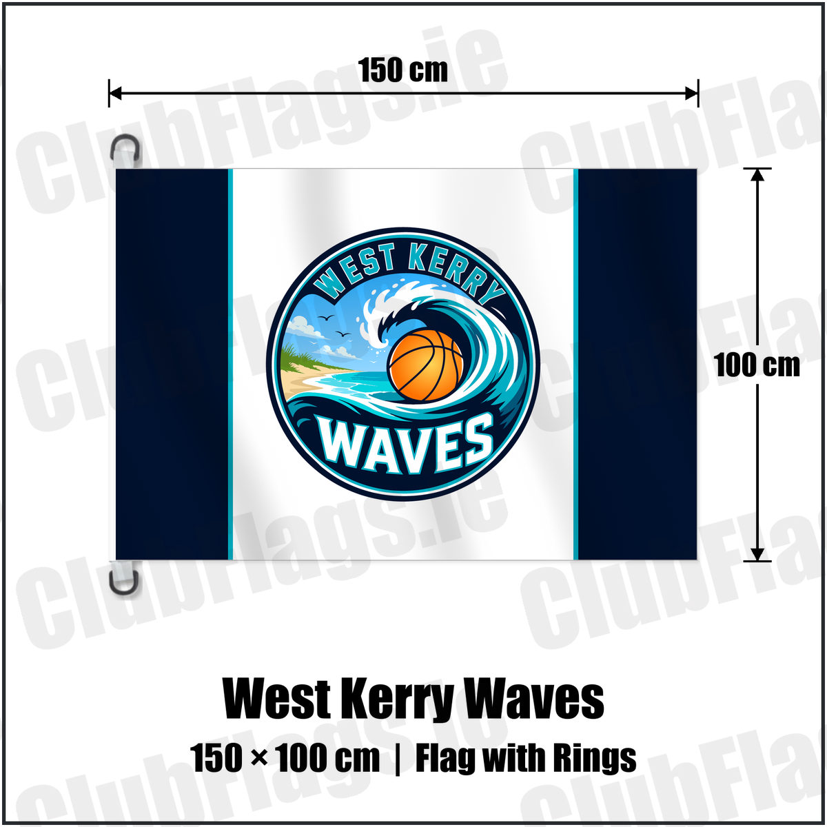 West Kerry Waves 150cm x 100cm Flag Pole Flag with Rings with the club crest and colours, Kerry Basketball - ClubFlags.ie