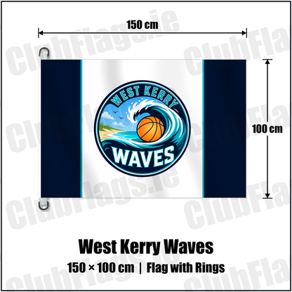 West Kerry Waves 150cm x 100cm Flag Pole Flag with Rings with the club crest and colours, Kerry Basketball - ClubFlags.ie