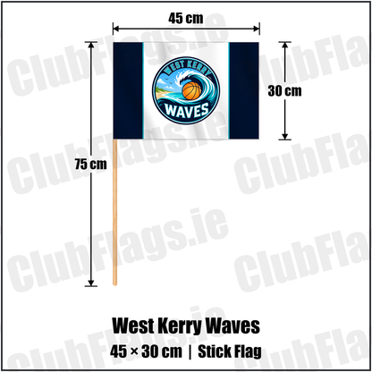 West Kerry Waves 30cm x 45cm Stick Flag with the club crest and colours, Kerry Basketball - ClubFlags.ie