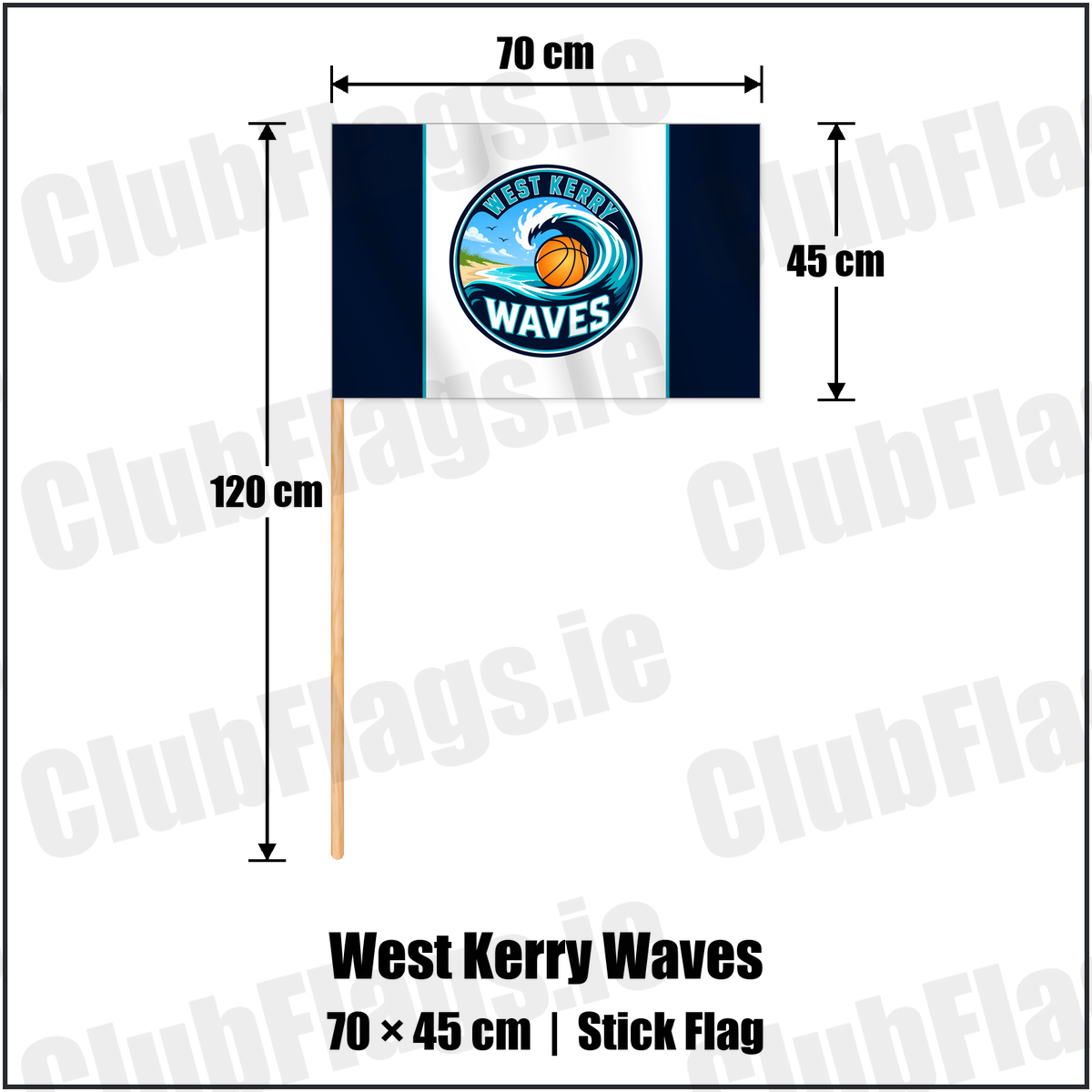 West Kerry Waves 45cm x 70cm Stick Flag with the club crest and colours, Kerry Basketball - ClubFlags.ie