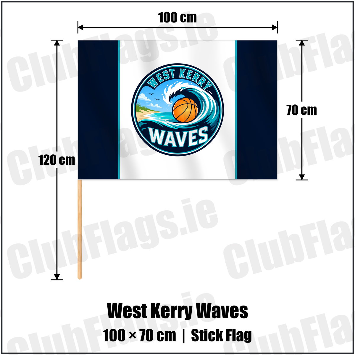 West Kerry Waves 70cm x 100cm Stick Flag with the club crest and colours, Kerry Basketball - ClubFlags.ie