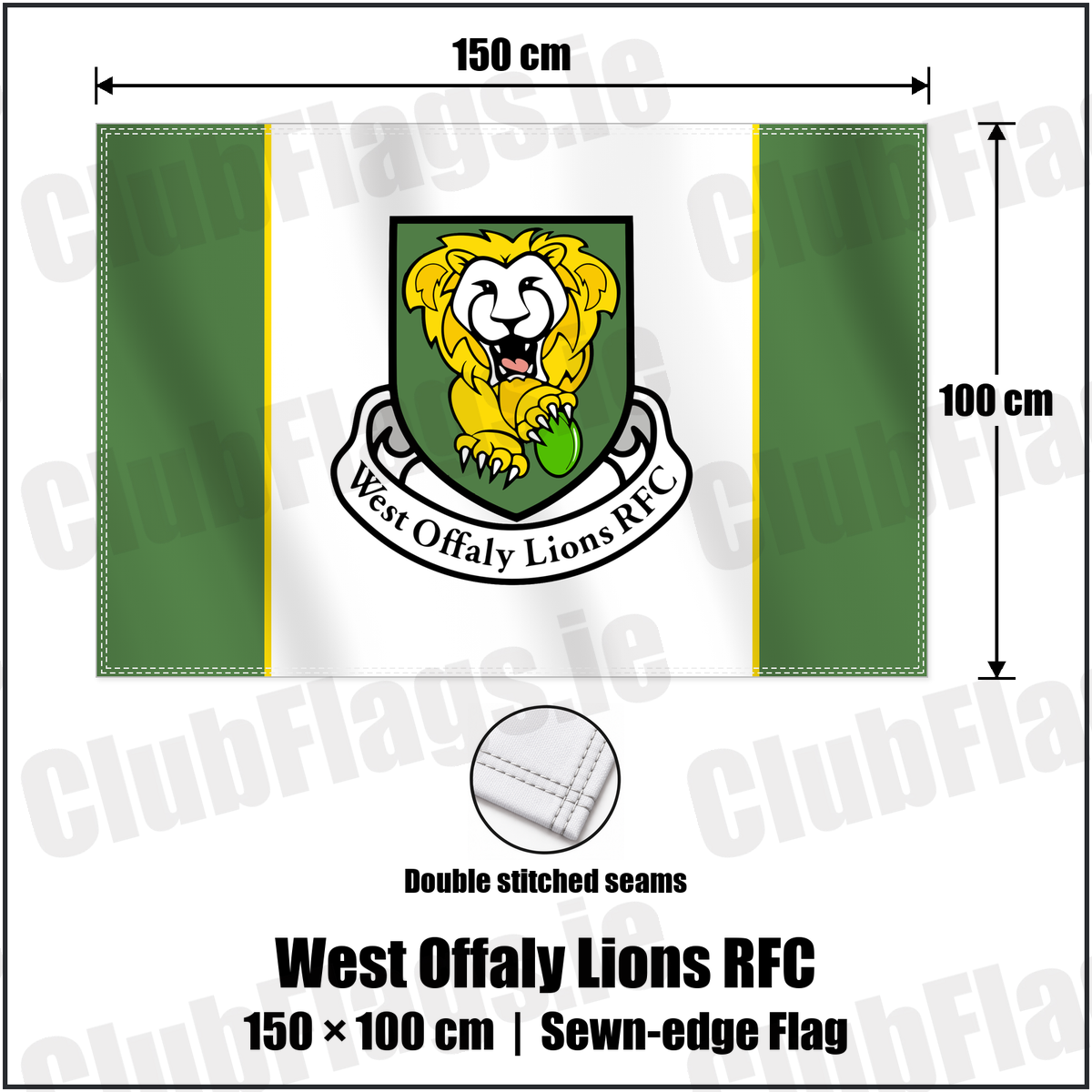 West Offaly Lions RFC 100cm x 150cm Flag (sewn on the edges) with the club crest and colours, Offaly Rugby - ClubFlags.ie