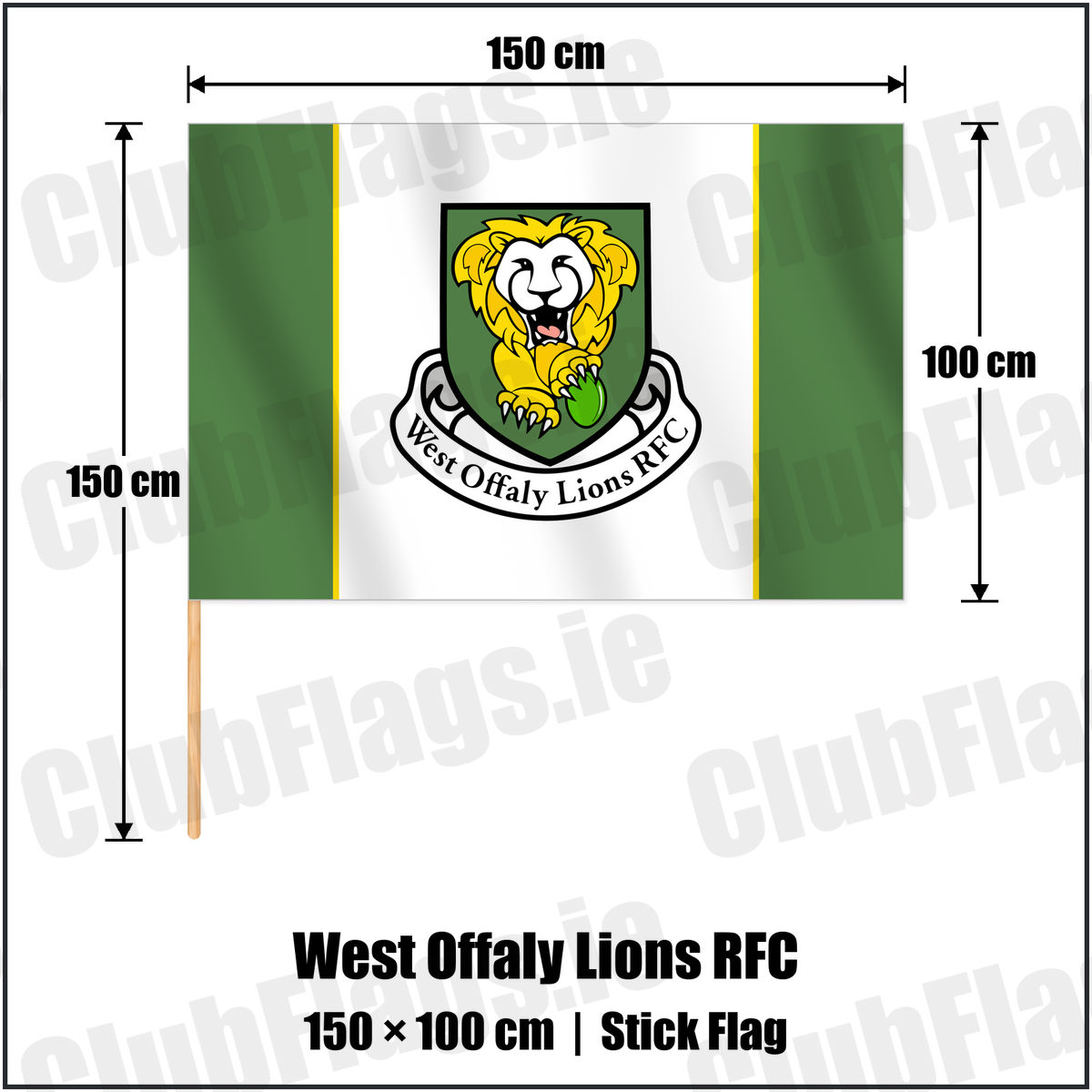 West Offaly Lions RFC 100cm x 150cm Stick Flag with the club crest and colours, Offaly Rugby - ClubFlags.ie
