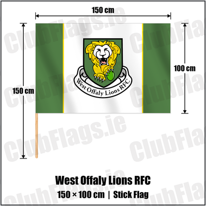 West Offaly Lions RFC 100cm x 150cm Stick Flag with the club crest and colours, Offaly Rugby - ClubFlags.ie