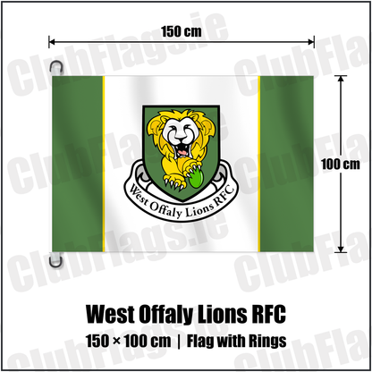 West Offaly Lions RFC 150cm x 100cm Flag Pole Flag with Rings with the club crest and colours, Offaly Rugby - ClubFlags.ie