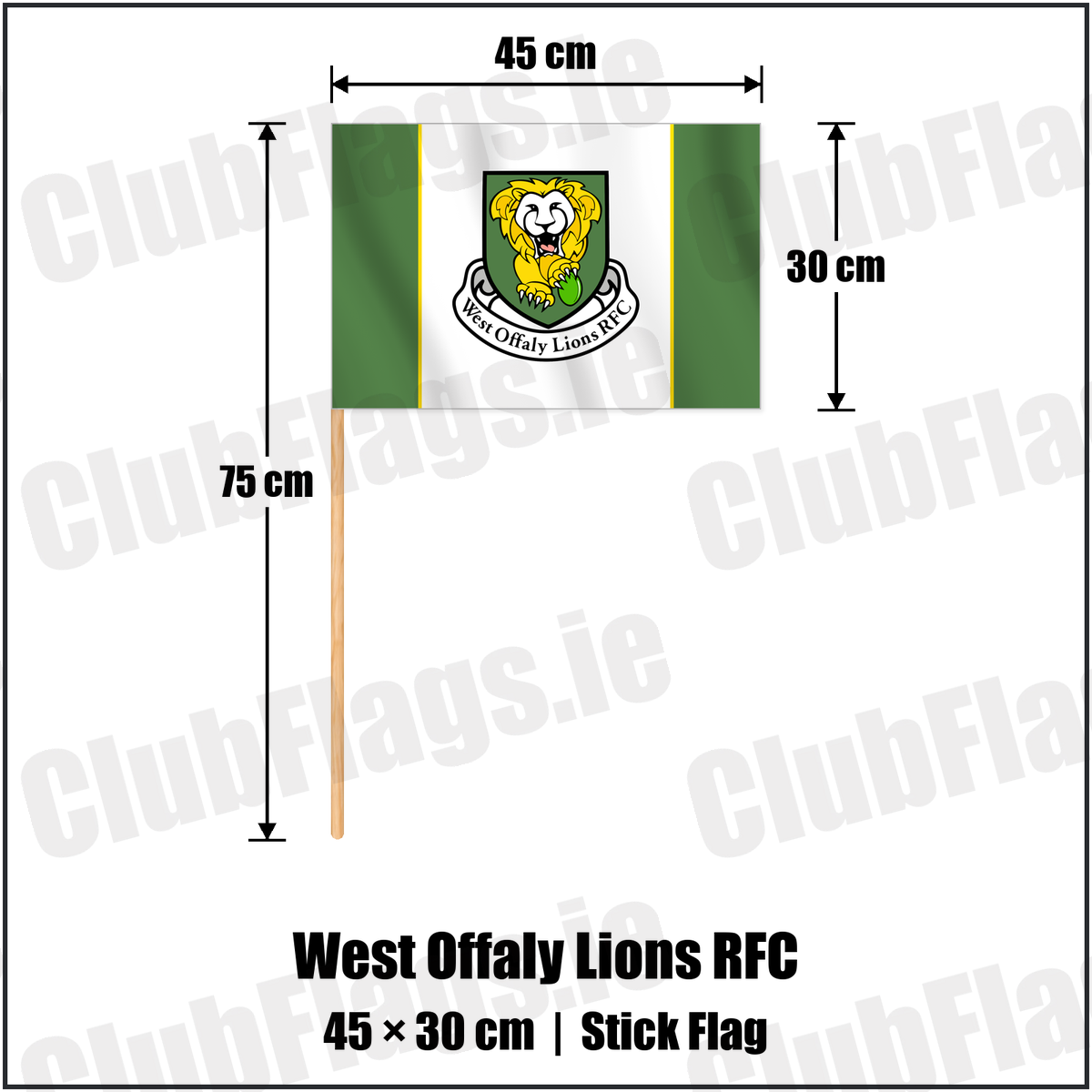 West Offaly Lions RFC 30cm x 45cm Stick Flag with the club crest and colours, Offaly Rugby - ClubFlags.ie