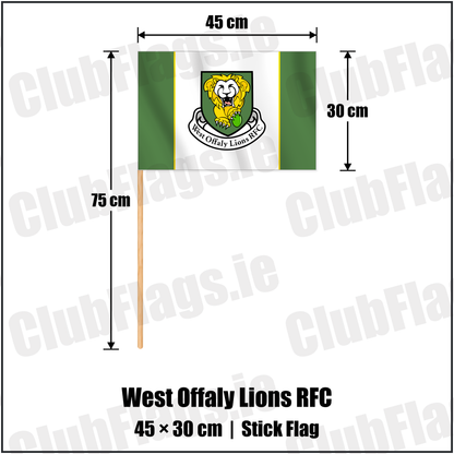 West Offaly Lions RFC 30cm x 45cm Stick Flag with the club crest and colours, Offaly Rugby - ClubFlags.ie