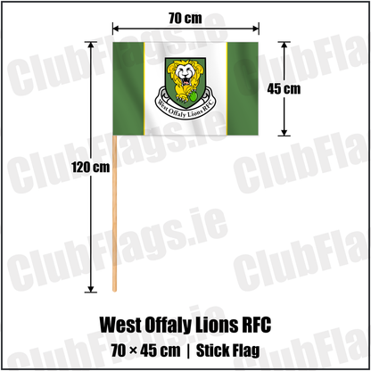West Offaly Lions RFC 45cm x 70cm Stick Flag with the club crest and colours, Offaly Rugby - ClubFlags.ie