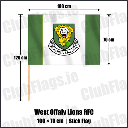 West Offaly Lions RFC 70cm x 100cm Stick Flag with the club crest and colours, Offaly Rugby - ClubFlags.ie
